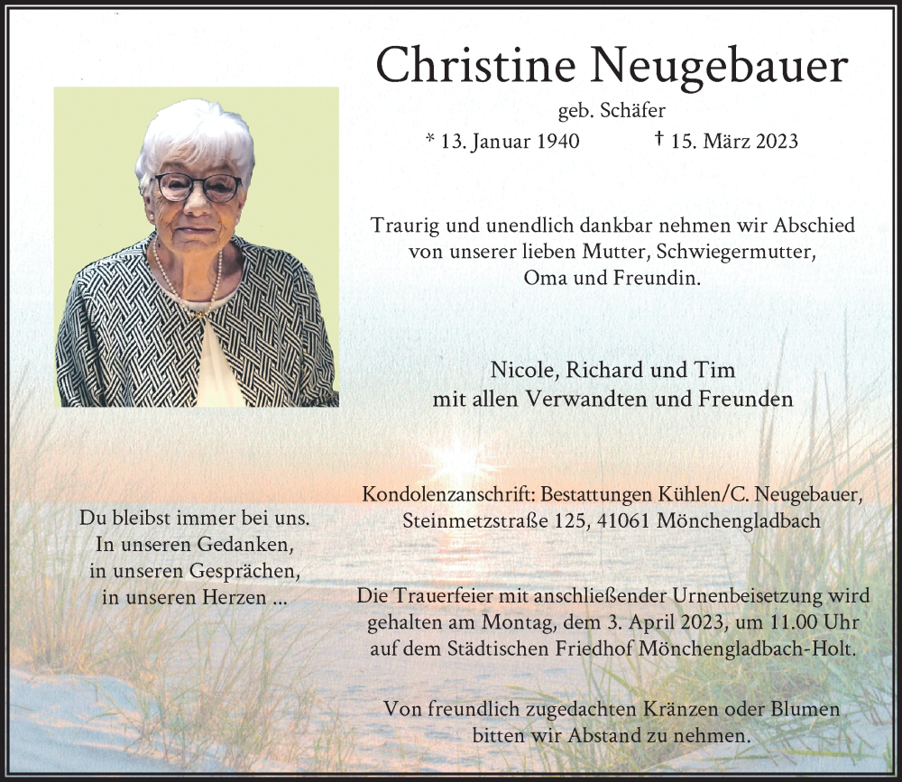  Traueranzeige für Christine Neugebauer vom 25.03.2023 aus Rheinische Post