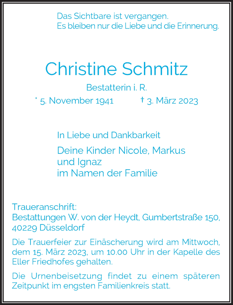  Traueranzeige für Christine Schmitz vom 11.03.2023 aus Rheinische Post