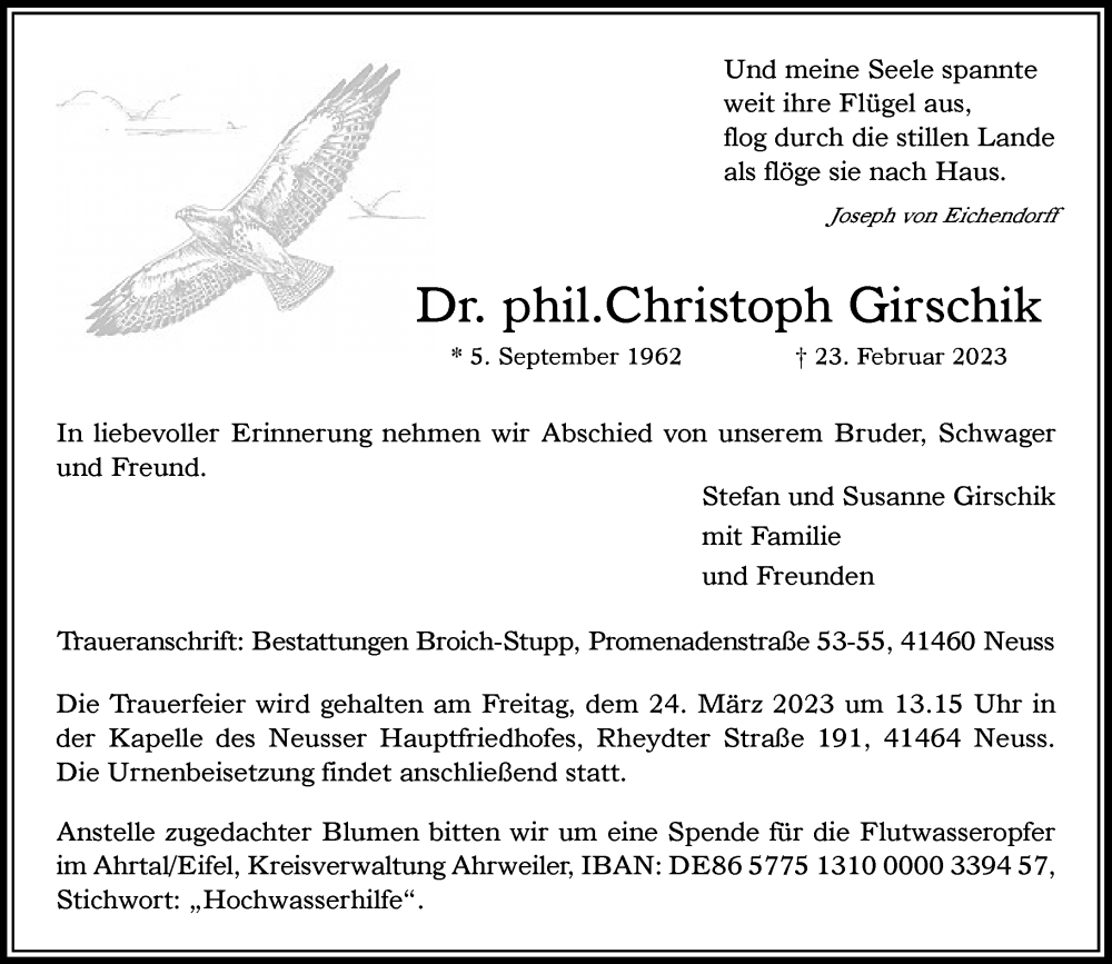  Traueranzeige für Christoph Girschik vom 11.03.2023 aus Rheinische Post