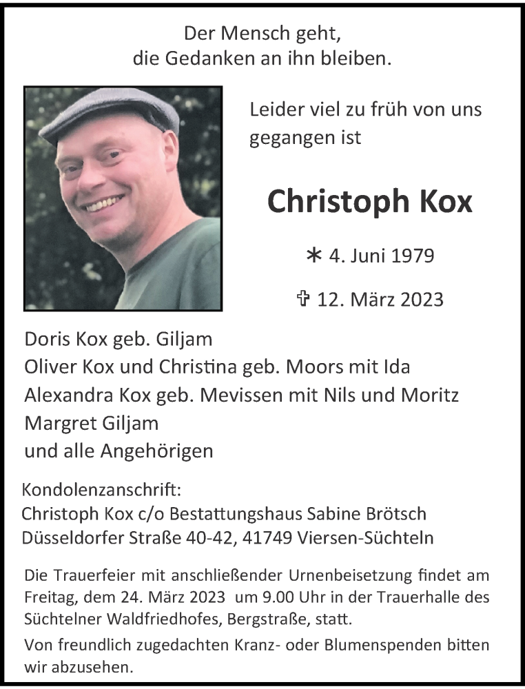  Traueranzeige für Christoph Kox vom 18.03.2023 aus Rheinische Post