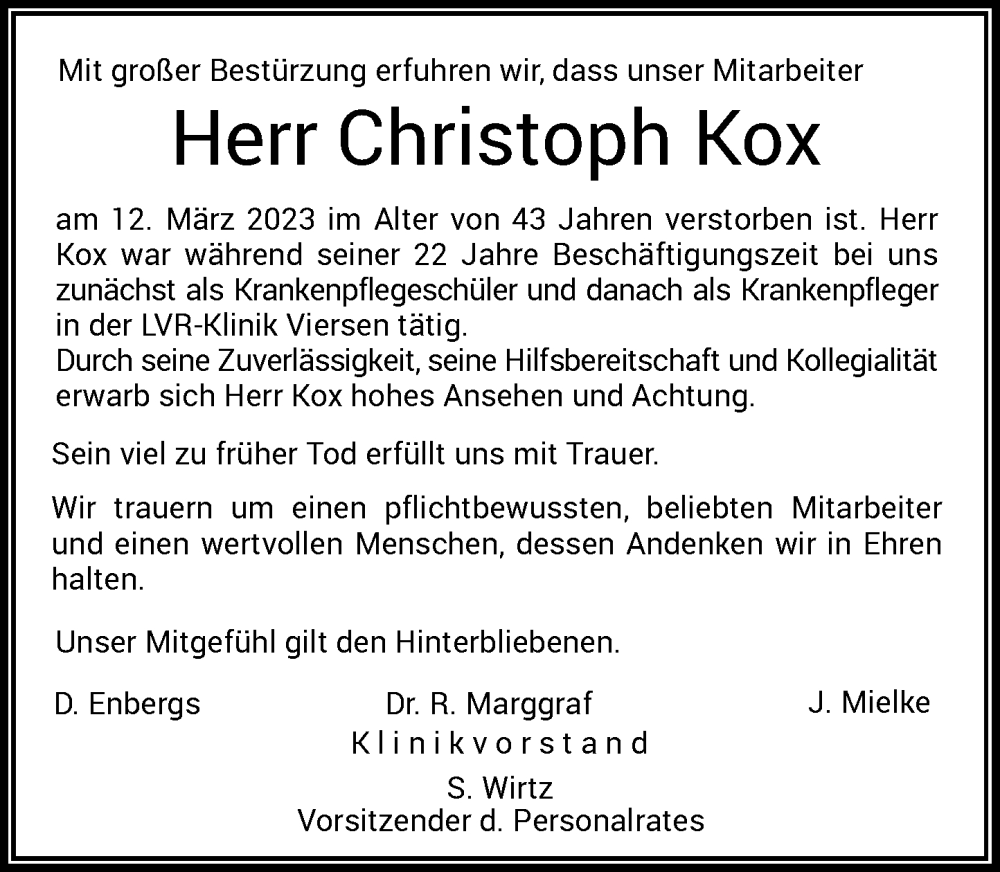  Traueranzeige für Christoph Kox vom 25.03.2023 aus Rheinische Post
