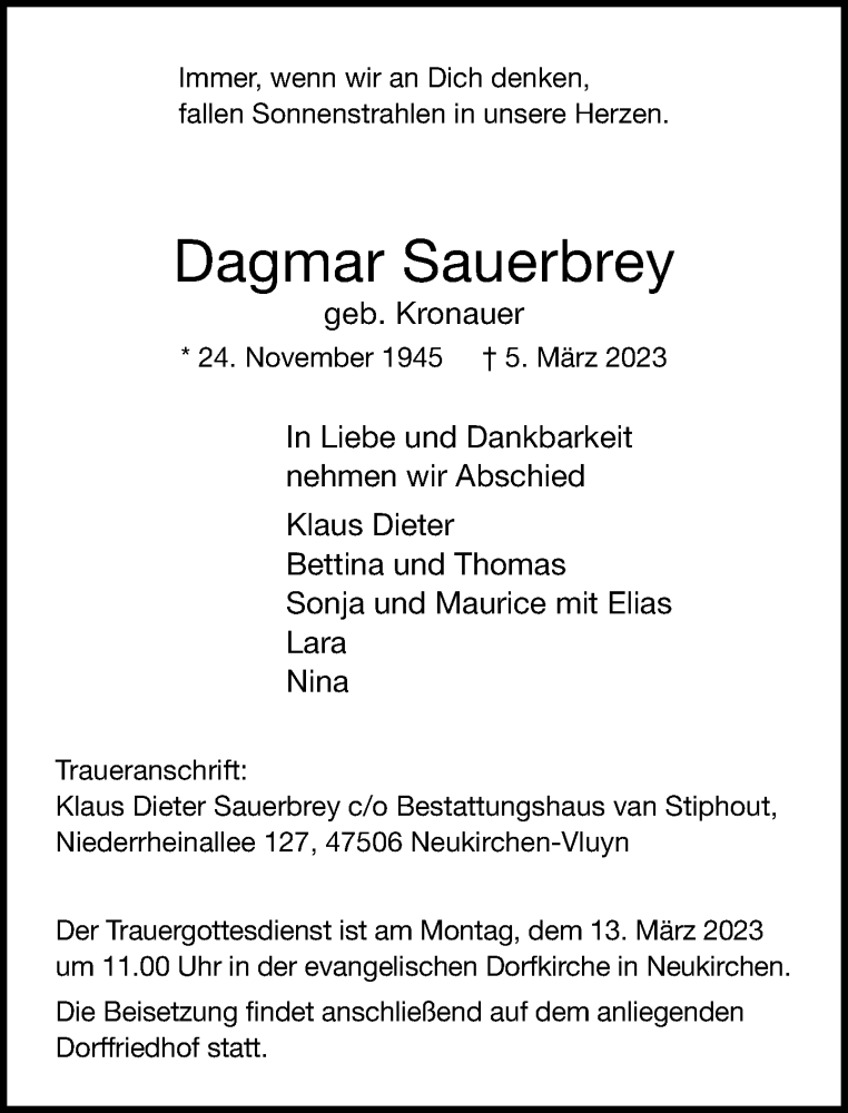  Traueranzeige für Dagmar Sauerbrey vom 09.03.2023 aus Rheinische Post
