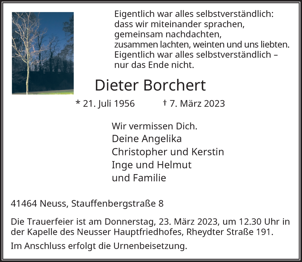  Traueranzeige für Dieter Borchert vom 18.03.2023 aus Rheinische Post