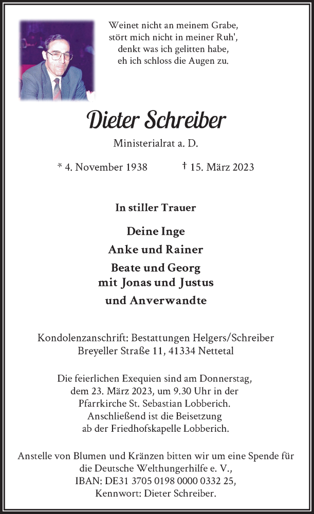  Traueranzeige für Dieter Schreiber vom 18.03.2023 aus Rheinische Post