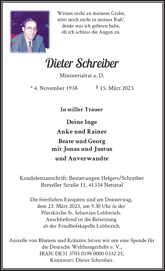 Traueranzeige von Dieter Schreiber von Rheinische Post