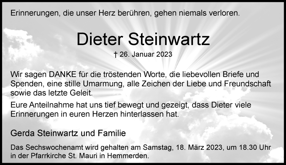  Traueranzeige für Dieter Steinwartz vom 11.03.2023 aus Rheinische Post