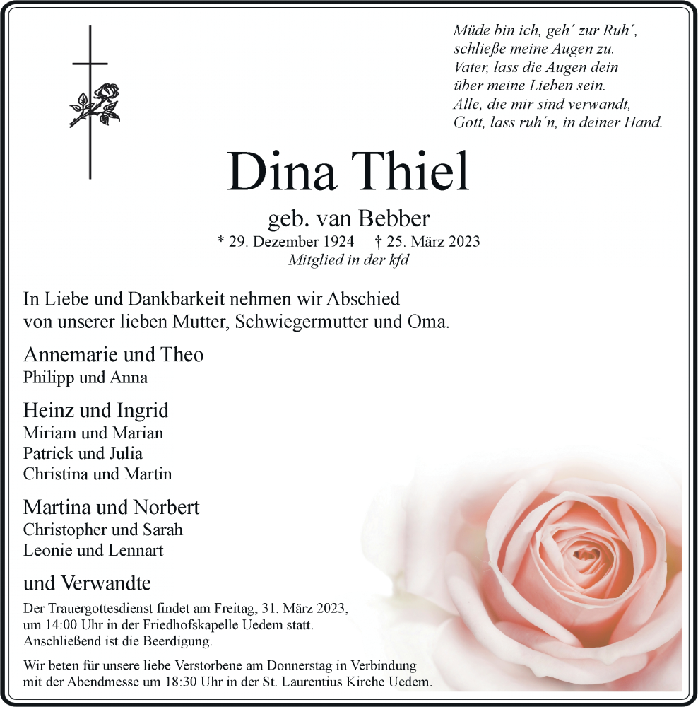  Traueranzeige für Dina Thiel vom 28.03.2023 aus Rheinische Post