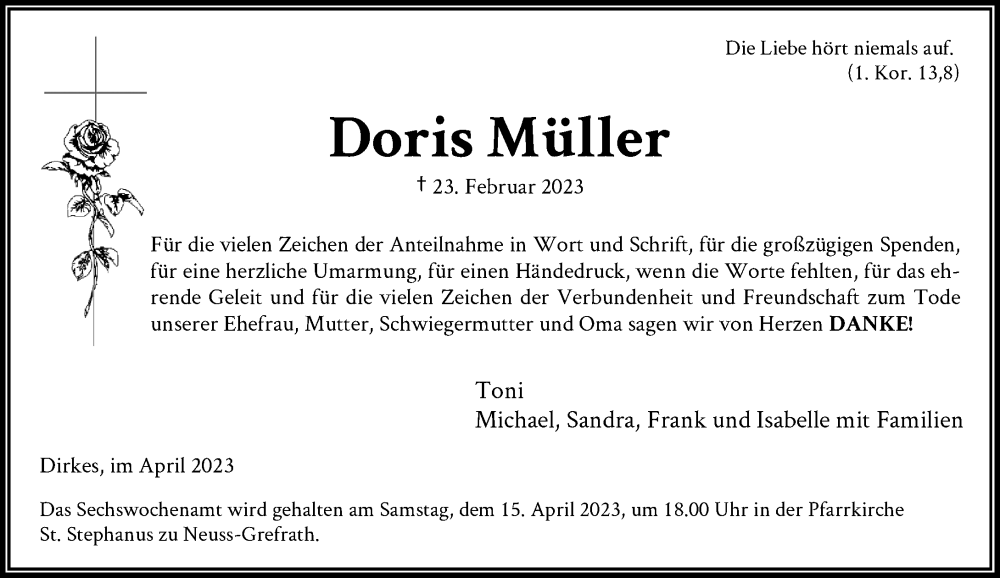  Traueranzeige für Doris Müller vom 08.04.2023 aus Rheinische Post
