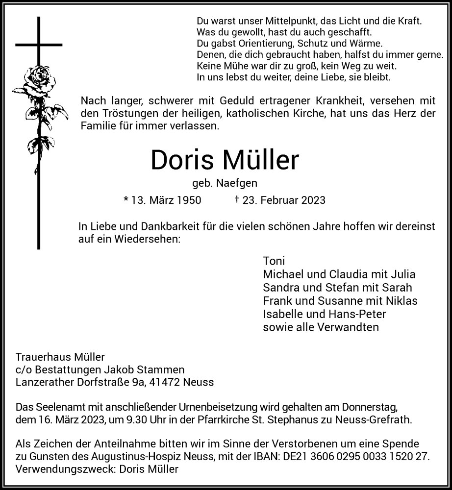  Traueranzeige für Doris Müller vom 11.03.2023 aus Rheinische Post
