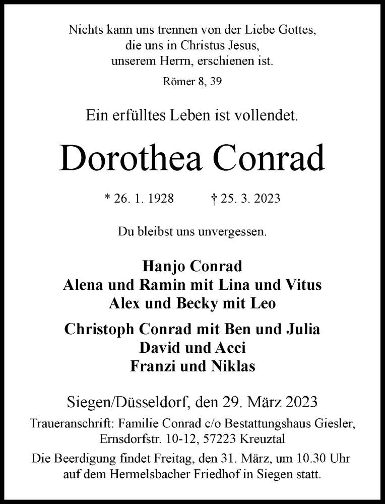 Traueranzeige für Dorothea Conrad vom 29.03.2023 aus Rheinische Post
