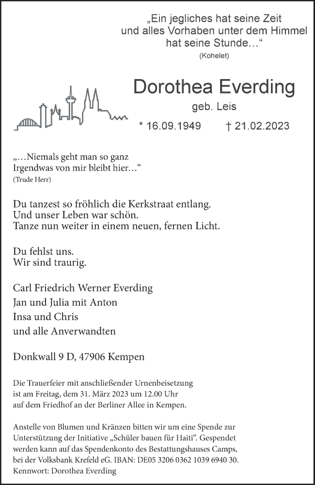  Traueranzeige für Dorothea Everding vom 04.03.2023 aus Rheinische Post