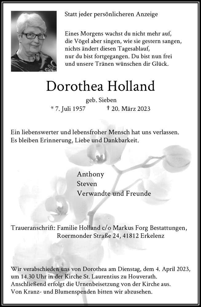  Traueranzeige für Dorothea Holland vom 25.03.2023 aus Rheinische Post