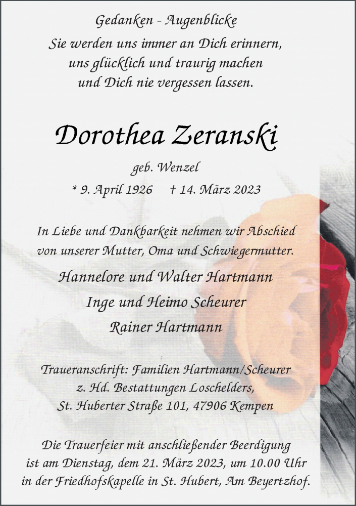  Traueranzeige für Dorothea Zeranski vom 18.03.2023 aus Rheinische Post
