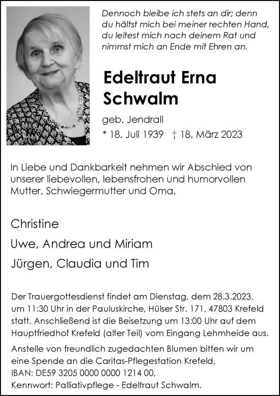 Traueranzeige von Edeltraut Erna Schwalm von Rheinische Post