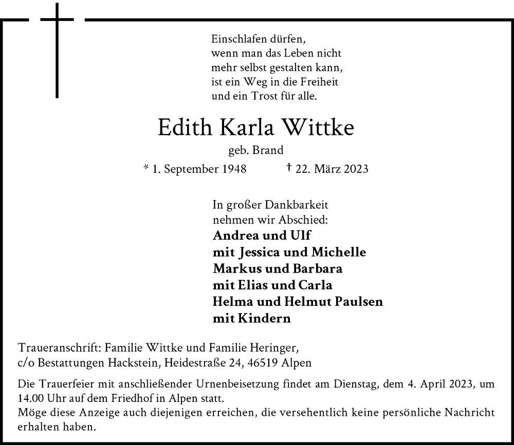  Traueranzeige für Edith Karla Wittke vom 25.03.2023 aus Rheinische Post