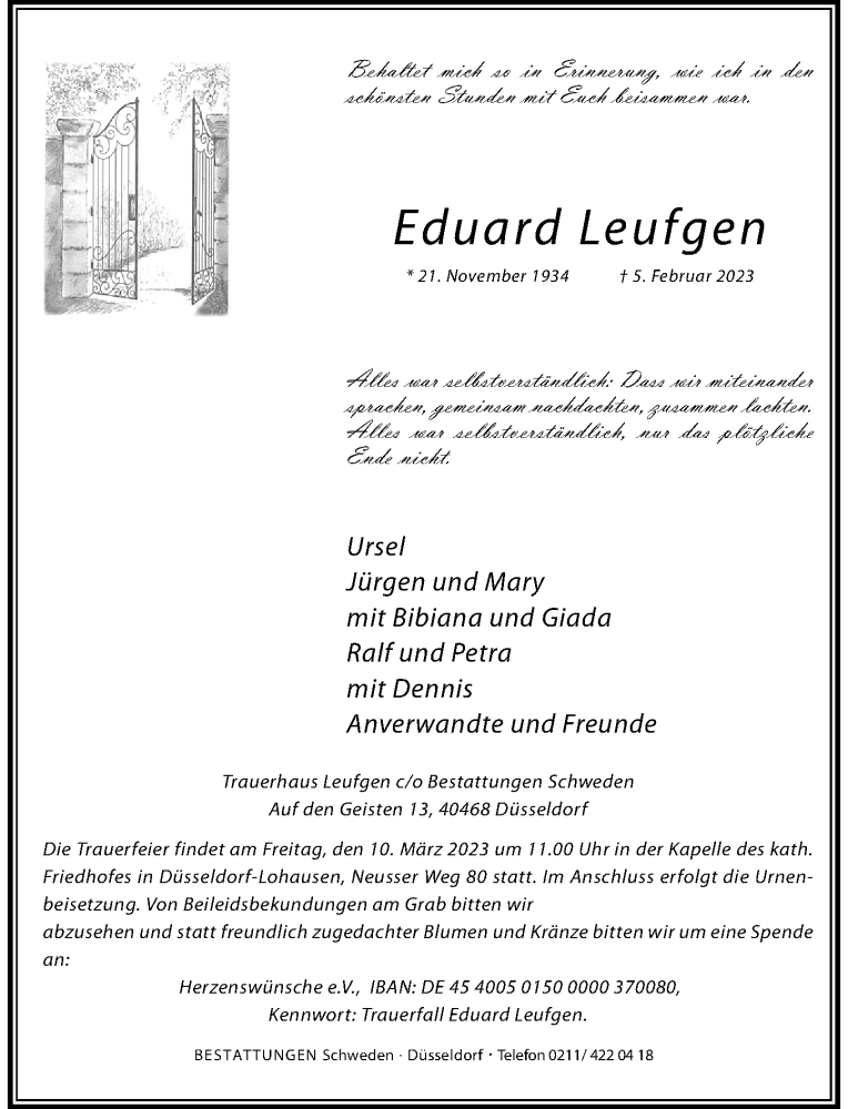  Traueranzeige für Eduard Leufgen vom 04.03.2023 aus Rheinische Post
