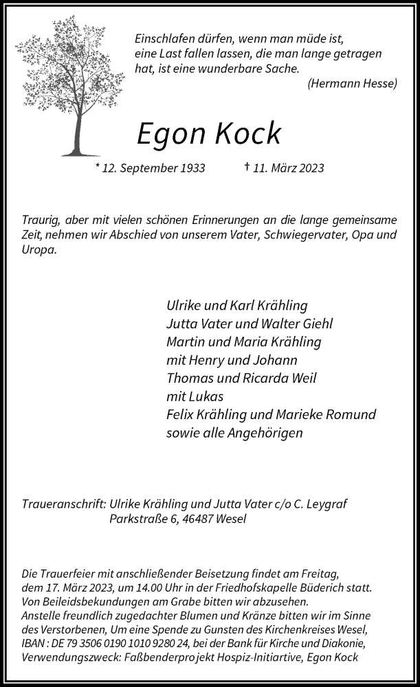  Traueranzeige für Egon Kock vom 15.03.2023 aus Rheinische Post