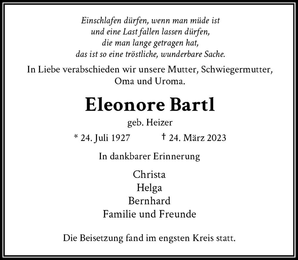  Traueranzeige für Eleonore Bartl vom 01.04.2023 aus Rheinische Post