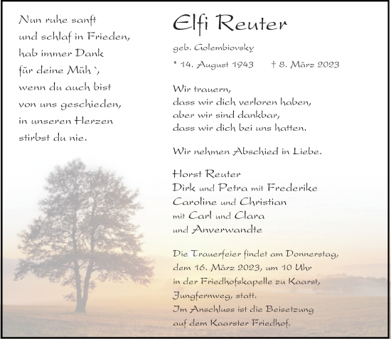 Traueranzeige von Elfi Reuter von Rheinische Post