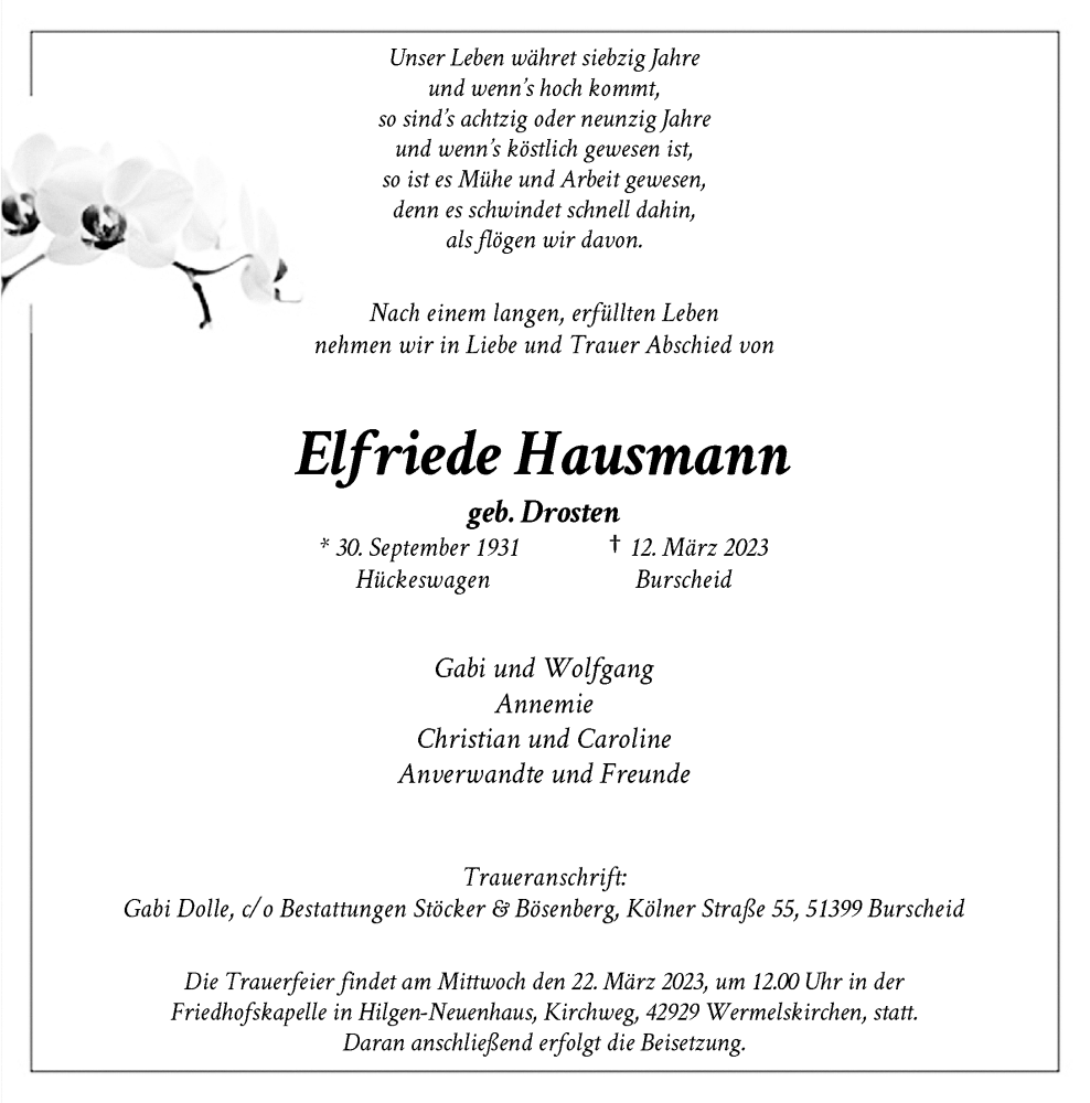  Traueranzeige für Elfriede Hausmann vom 18.03.2023 aus Rheinische Post