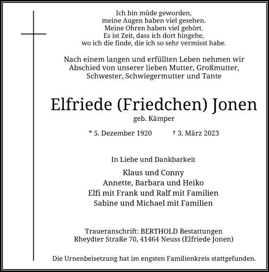 Traueranzeige von Elfriede Jonen von Rheinische Post