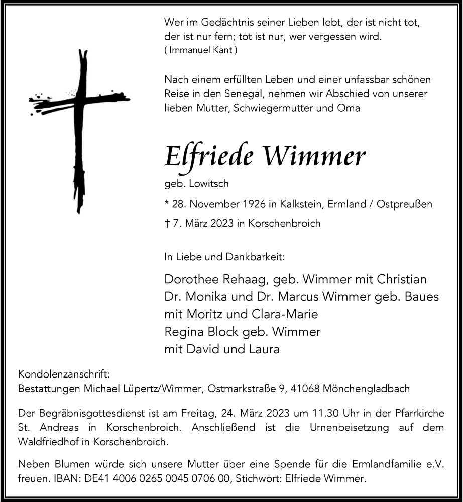  Traueranzeige für Elfriede Wimmer vom 18.03.2023 aus Rheinische Post