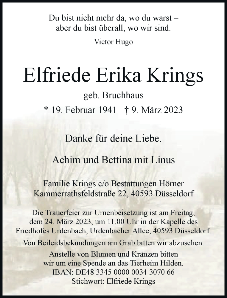  Traueranzeige für Elfriede Erika Krings vom 18.03.2023 aus Rheinische Post