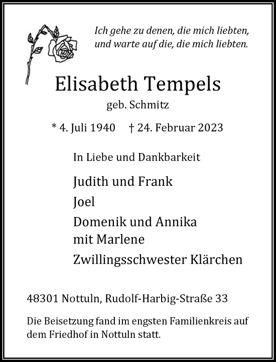 Traueranzeige von Elisabeth Tempels von Rheinische Post