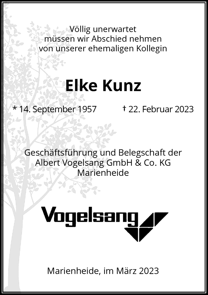  Traueranzeige für Elke Kunz vom 11.03.2023 aus Rheinische Post