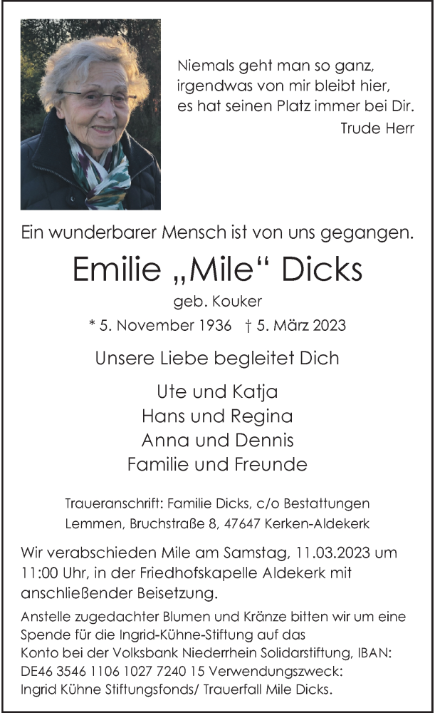  Traueranzeige für Emilie Dicks vom 08.03.2023 aus Rheinische Post