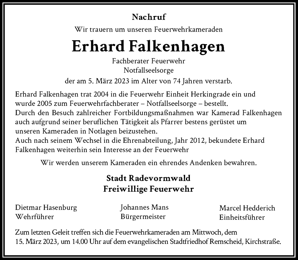  Traueranzeige für Erhard Falkenhagen vom 13.03.2023 aus Rheinische Post