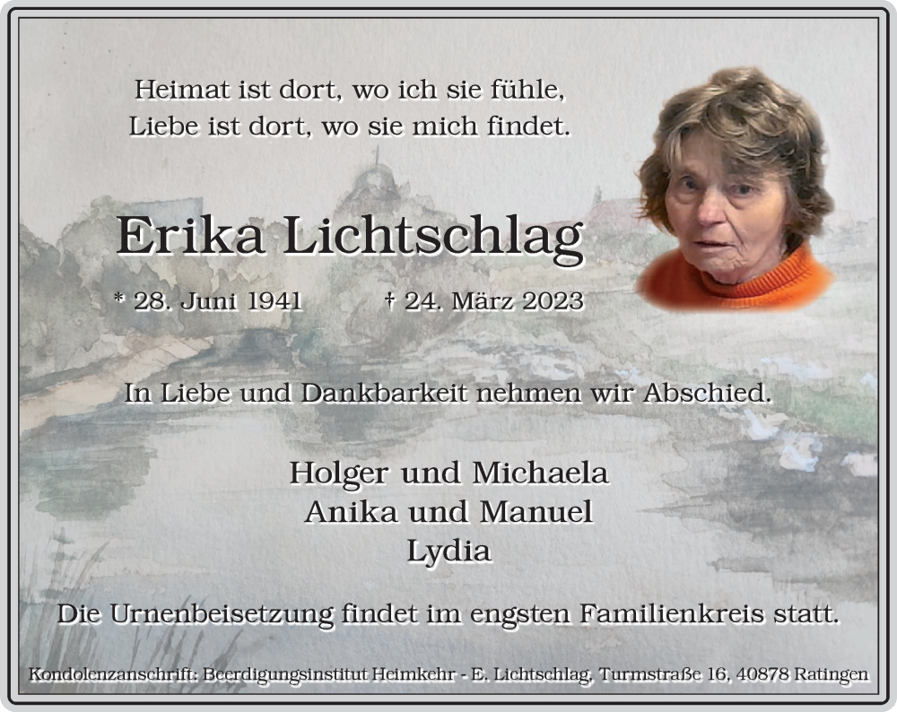  Traueranzeige für Erika Lichtschlag vom 01.04.2023 aus Rheinische Post