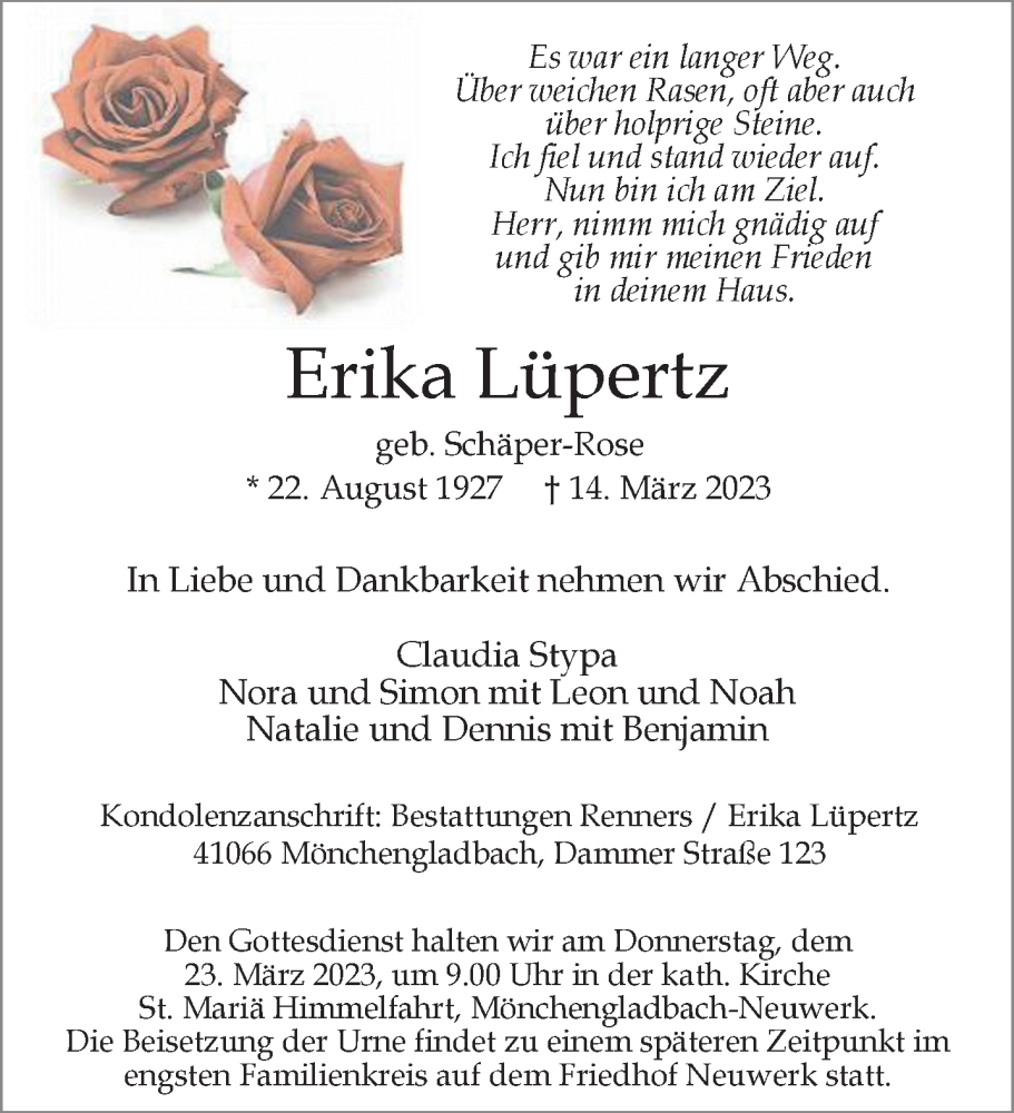  Traueranzeige für Erika Lüpertz vom 18.03.2023 aus Rheinische Post