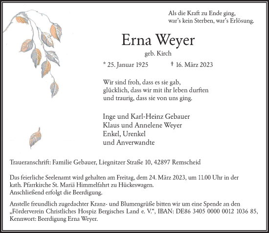 Traueranzeige von Erna Weyer von Rheinische Post