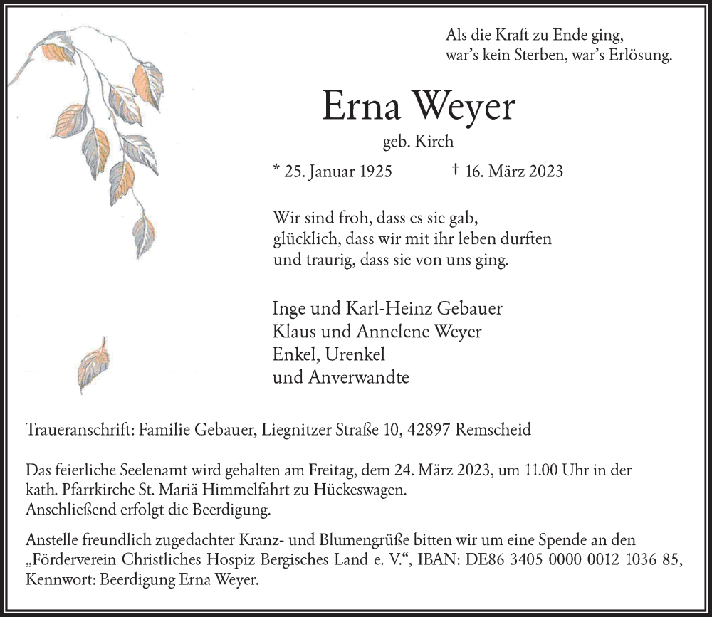  Traueranzeige für Erna Weyer vom 22.03.2023 aus Rheinische Post