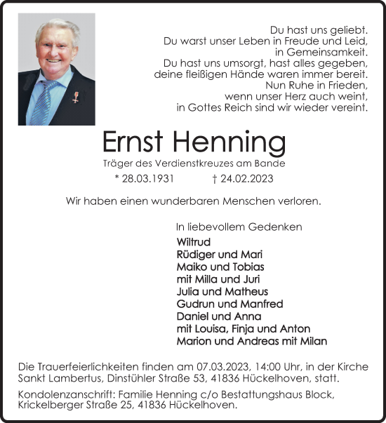 Traueranzeige von Ernst Henning von Rheinische Post