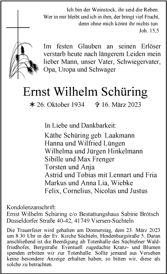 Traueranzeige von Ernst Wilhelm Schüring von Rheinische Post