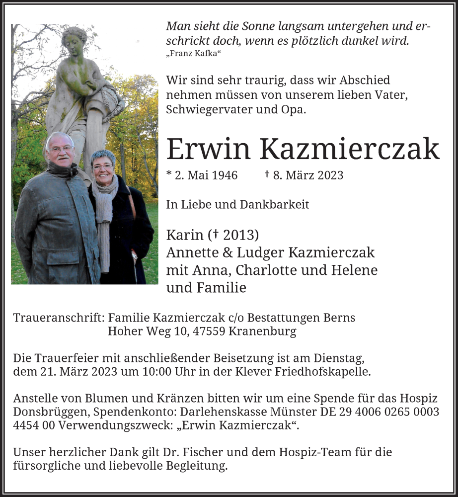  Traueranzeige für Erwin Kazmierczak vom 18.03.2023 aus Rheinische Post