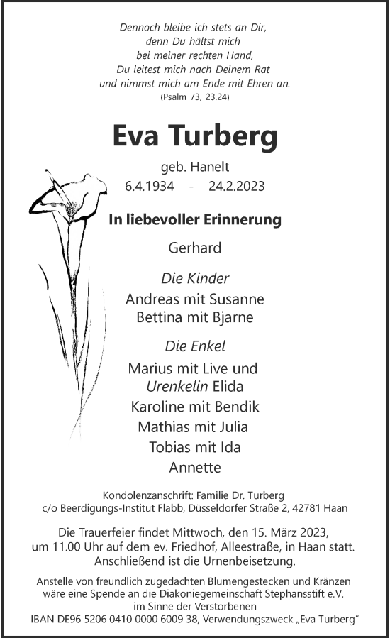 Traueranzeige von Eva Turberg von Rheinische Post