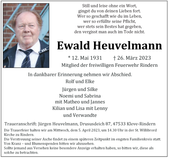 Traueranzeige von Ewald Heuvelmann von Rheinische Post