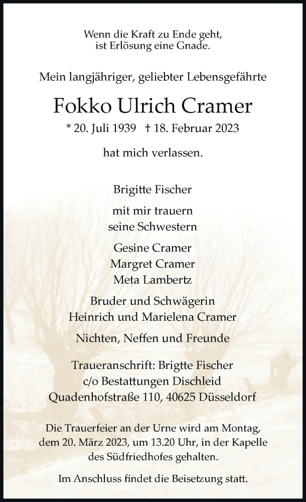  Traueranzeige für Fokko Ulrich Cramer vom 11.03.2023 aus Rheinische Post