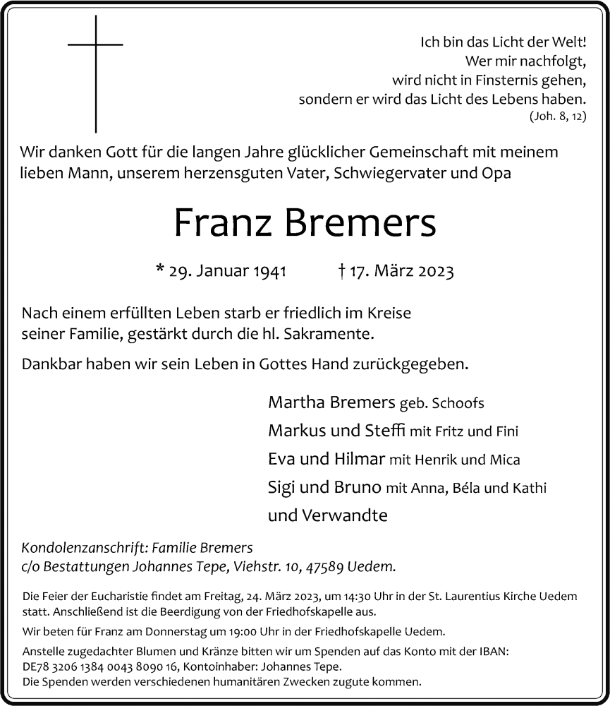  Traueranzeige für Franz Bremers vom 21.03.2023 aus Rheinische Post