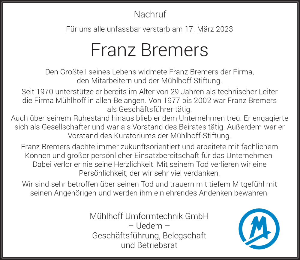  Traueranzeige für Franz Bremers vom 23.03.2023 aus Rheinische Post