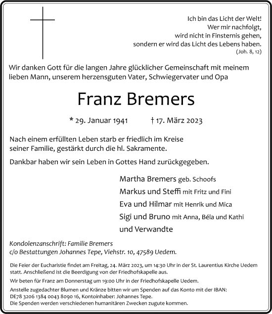 Traueranzeige von Franz Bremers von Rheinische Post