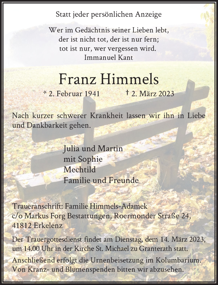  Traueranzeige für Franz Himmels vom 08.03.2023 aus Rheinische Post