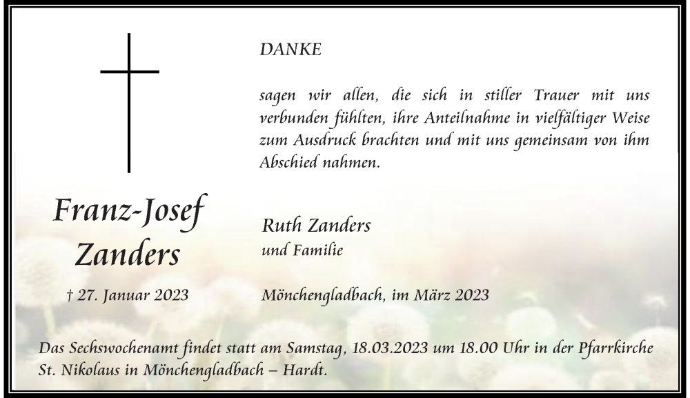  Traueranzeige für Franz-Josef Zanders vom 08.03.2023 aus Rheinische Post