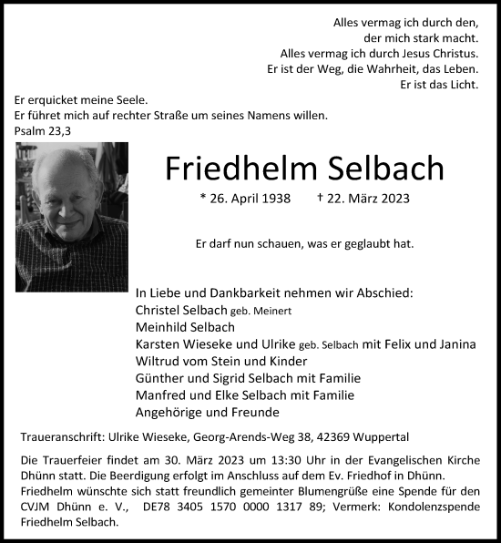 Traueranzeige von Friedhelm Selbach von Rheinische Post