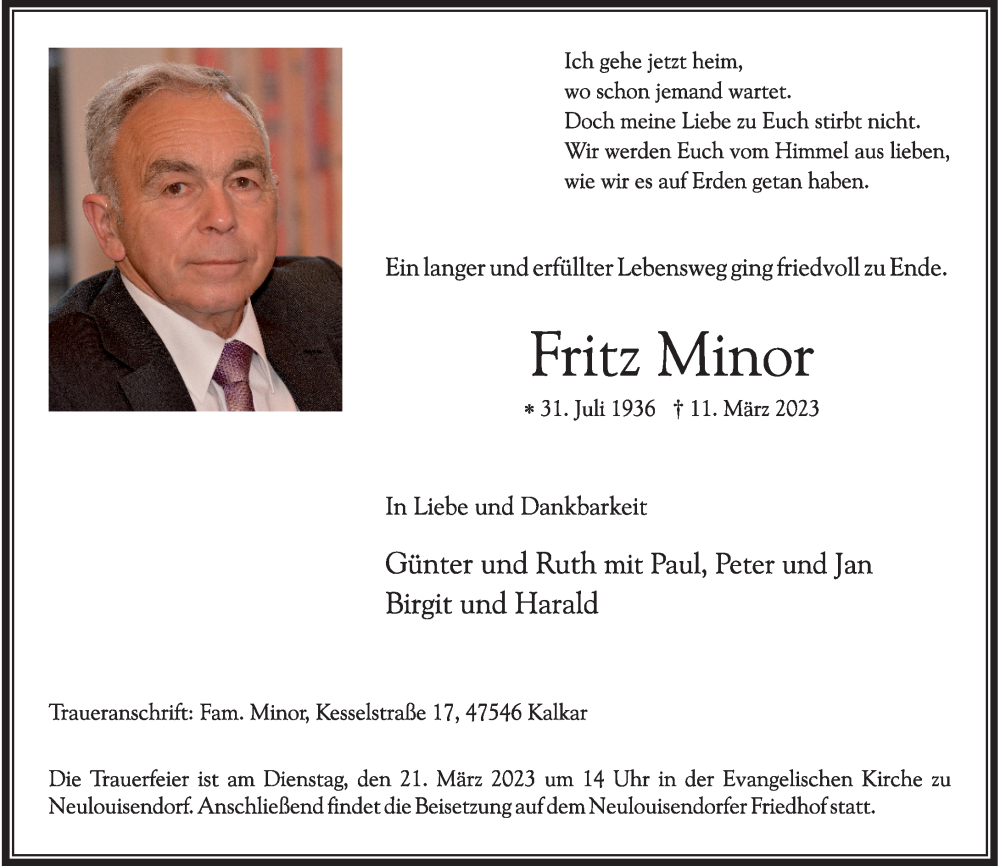  Traueranzeige für Fritz Minor vom 17.03.2023 aus Rheinische Post