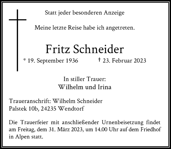 Traueranzeige von Fritz Schneider von Rheinische Post