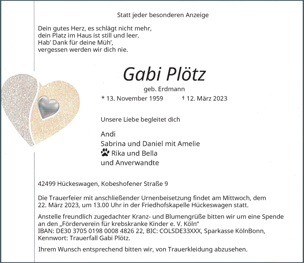  Traueranzeige für Gabi Plötz vom 18.03.2023 aus Rheinische Post